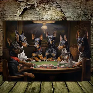 [Dog Lover Gifts] 2D Flat, 1pc Funny Dogs Playing Poker Poster - Doberman Pinschers at Poker Table, Frameless Canvas Wall Art for Living Room, Office, or Dog Lover Gifts - Humorous Pet Decor - 12x18 Inches, Puppy Party Decorations