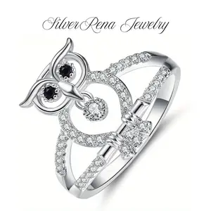 S925 Midnight Owl Ring with Black Spinel & 5A Cubic Zirconia, Unique Design Sterling Silver Ring