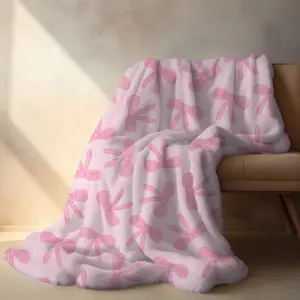 Soft Pink Bowknot Flannel Blanket - Contemporary Style, Lightweight All-Season Throw For Bed & Couch, Machine Washable, Digital Print, 250-300Gsm, Cozy Home Decor, Cute Blankets
