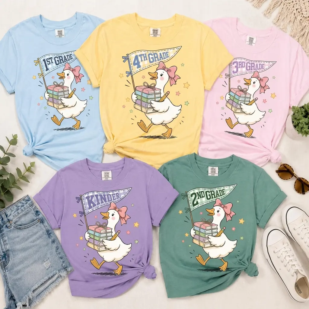 Back to School Teacher Shirt Grade Level Teacher Tee Cute Duck Goose Scooter Shirt Kindergarten 1st 2nd 3rd 4th Grade First Day of School