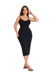 Sculpt Touch Women's Black Slip Dress with Removable Bra Pads Seamless Adjustable Comfortable Casual Clothes Elegant Fit Chic Bodycon Breathable Fabric Compression Elegance Womenswear Light Sleeveless Style Spaghetti Strap Basic Minimalist