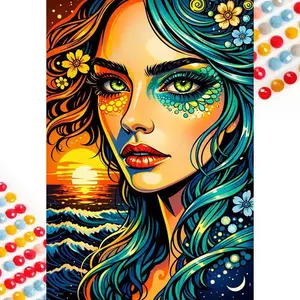 5D Diamond Painting Kit Full Round Drill Ocean, Sunset, Woman DIY Mosaic Wall Art, Beginner Craft Set (with tools), Home Wall Decoration Gift, Diamond Art Kit
