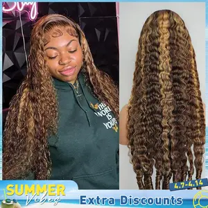 【Summervibes】Lemoda P4/27 Honey Blonde Burmese Curly  Highlight HD Transparent 13x6 Full Lace Frontal Wigs Pre Plucked 15A Virgin Human Hair Wigs for Womenly End 200% Density