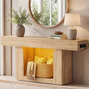 Homieasy Console Table, 63" Entryway Table with LED Lights & Charging Station, Farmhouse Wooden Sofa Table Behind Couch, Narrow Hallway Table for Living Room, Foyer, Entry