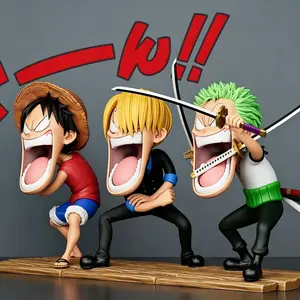One Piece Q Version Funny Figurines, Luffy/solo/chopper Collectible Set, 11cm Wooden Base, Perfect Gift for Anime Fans