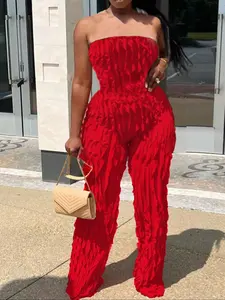 Women's Solid Color Backless Ruffle Trim Tulle Fitted Tube Jumpsuit, Elastic Waist Jumpsuit, Fashion Casual Sleeveless Strapless Jumpsuit for Daily Outdoor Wear, Ladies Clothes for All Seasons Valentine's Day, gift, Womenswear