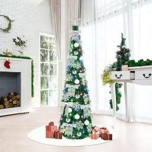 Pop Up Christmas Tree with Lights, 5FT Collapsible Tinsel Pencil Christmas Tree with White Ornaments and 8 Lighting Modes, Easy Setup and Organize for Home Office Party Holiday Decor