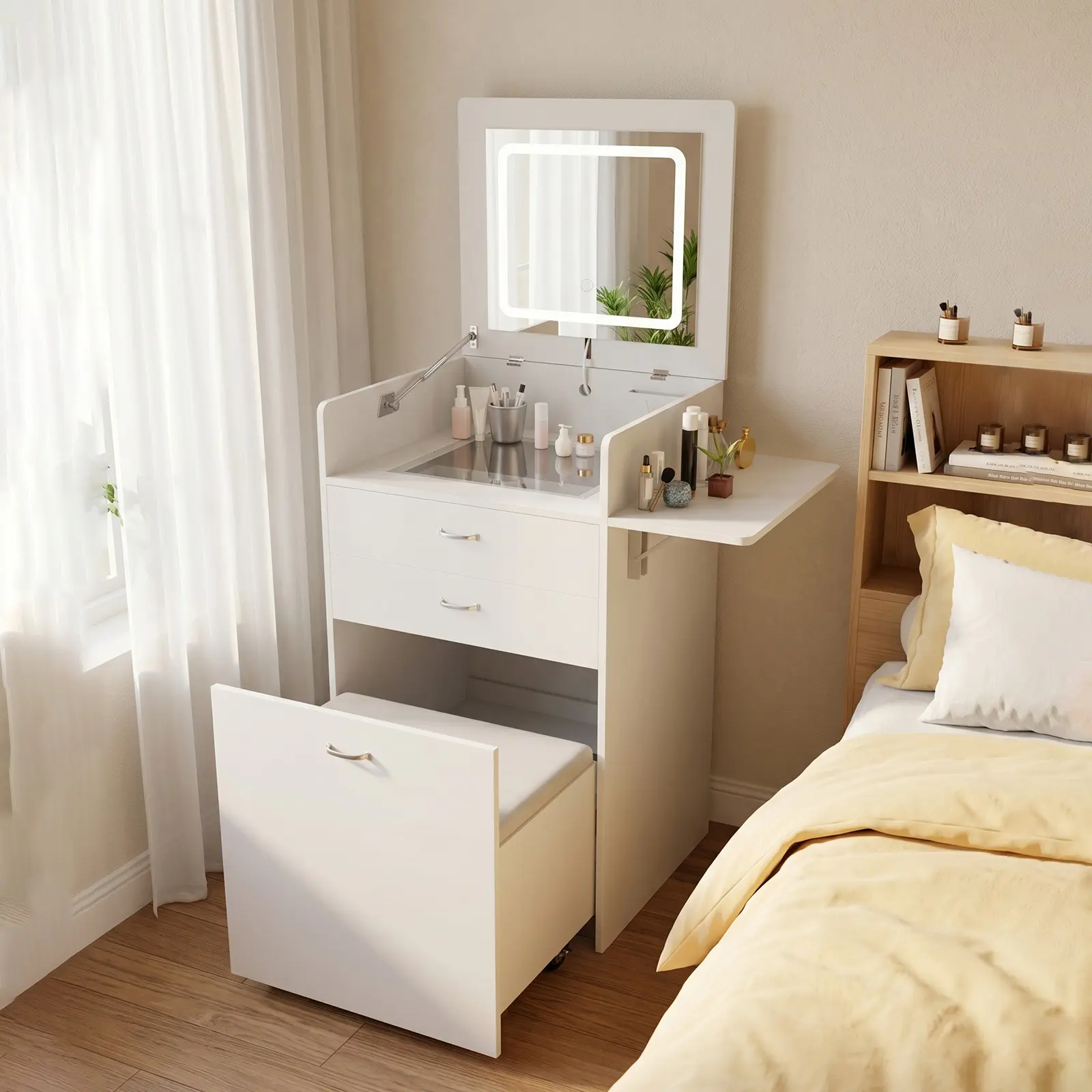 3-In-1 Multifunctional Dressing Table Featuring A Mirror with Led Lighting, A Transparent Glass Tabletop, A Flip-Top Design and Three Drawers,Dressing Table With Padded Stool,Modern Style, White