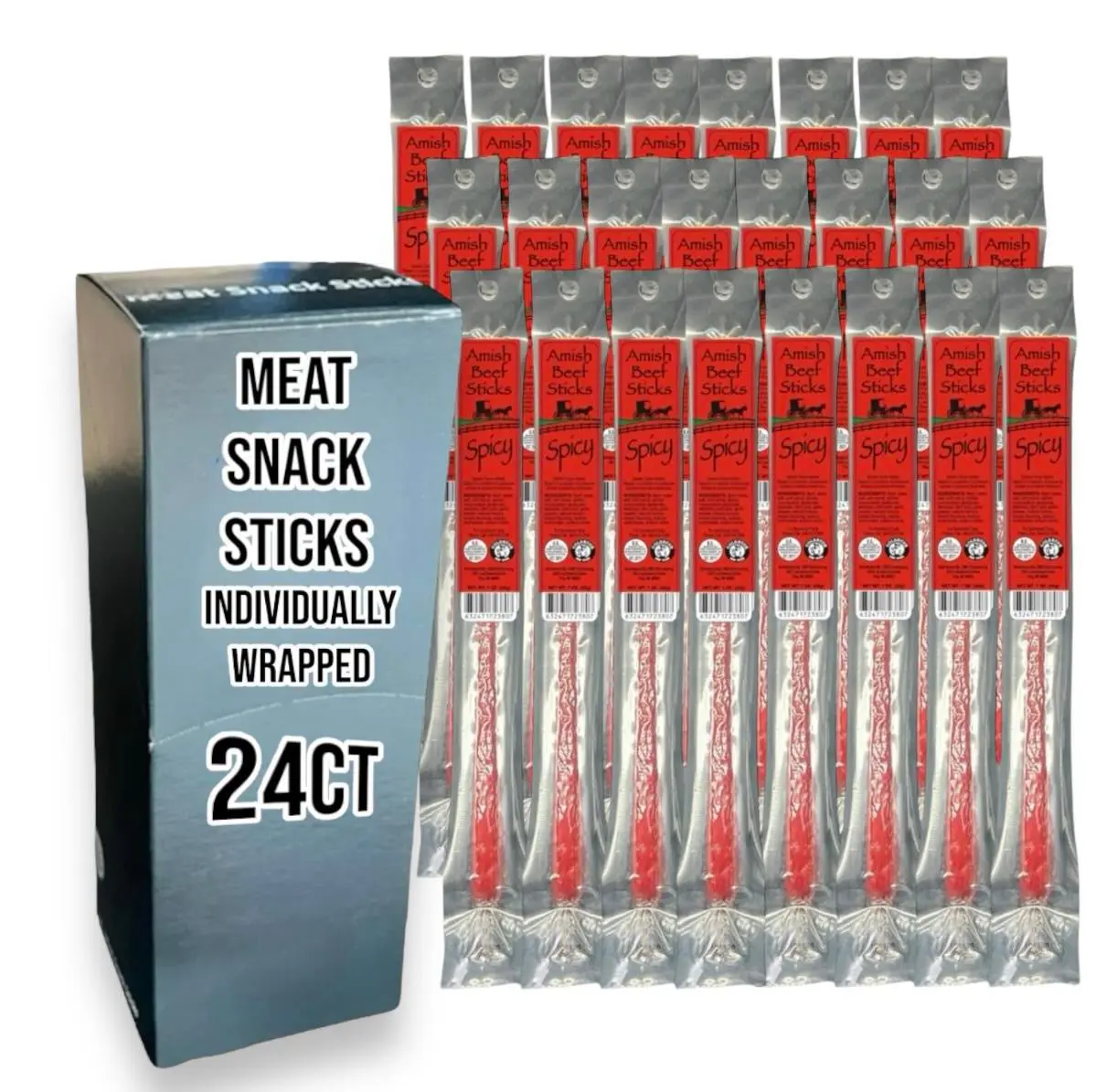 Beef Snack Sticks - Spicy - 24 Individually Wrapped - Amish Beef Sticks Beef