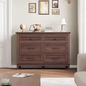 Rustic Brown Freestanding 47 Inch Wooden 6 Drawer Dresser with Storage Compartments for Bedroom and Living Room Modern Credenza Cabinet Sideboard Buffet Cabinet
