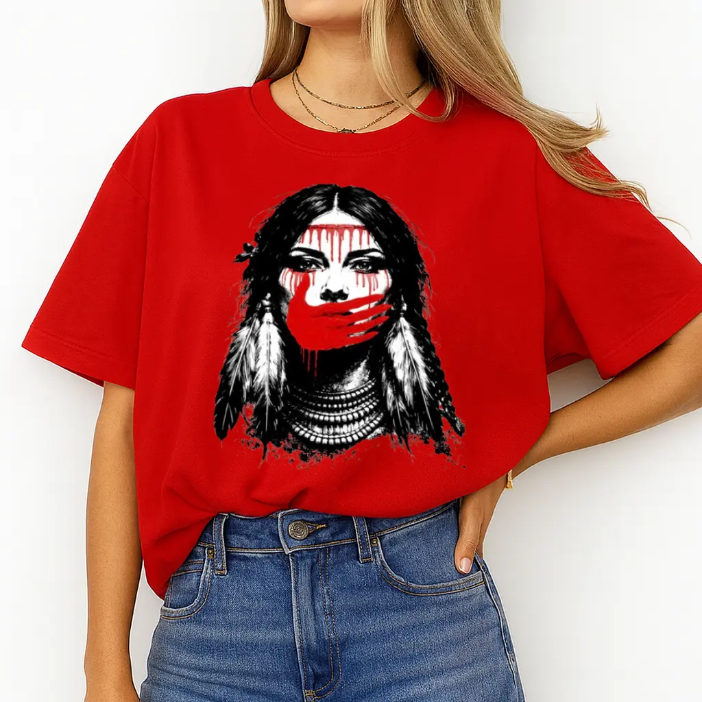 Women's Slim-Fit Crew Neck Graphic Print T-Shirt - MMIW Awareness Message, American Native Design, Indigenous Red Hand, Casual Wear for Supporting Stolen Sisters