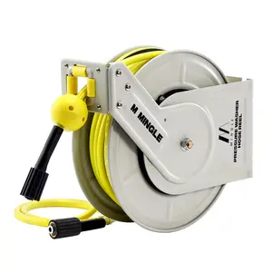 M MINGLE Pressure Washer Hose Reel, 1/4” × 65 ft Retractable Hose Reel, Power Washer Efficient Hose Reel, Wall/Floor Mounted, 3600 PSI
