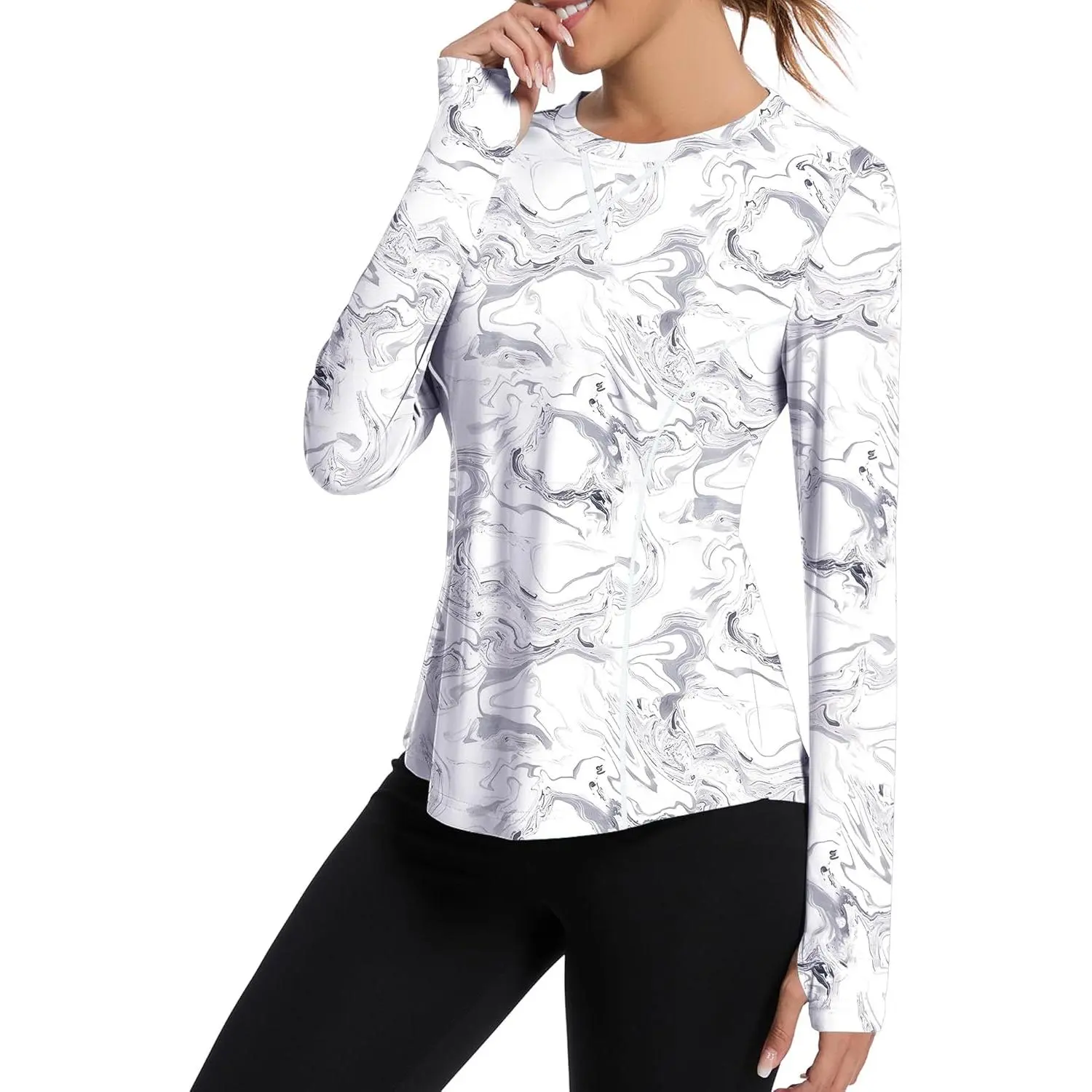 Women's UPF 80+ Sun Shirt, Quick-Dry Slim-Fit Long Sleeve Crew Neck Top with Thumb Holes & Reflective Tape for Hiking & Kayaking, Slim Waist, Uv Protection Clothing, Sporty Chic, Biking, M, Hiking/Kayak, Quick-Dry Fabric, Slim-Fitting