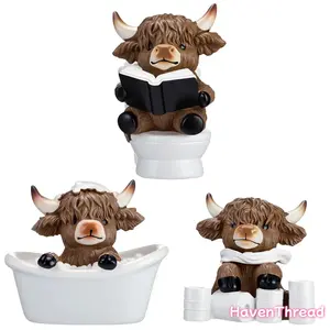 Modern 3D Highland Cow Statues, 2/3pcs Bathroom Decor Figures - Western Holiday Ornaments for Easter Party, Home Office Living Room, Easter Basket Stuffers, Gifts for Cow Lovers & Farmers