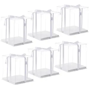 6 count clear cake Box with Ribbon, 8 X 8 X 9inch tall cake box,8inch Bakery Take Out Transport Containers Clear  Boxes for Wedding, Birthday, Party