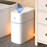 Joybos Automatic Hands-Free Trash Can - 3.8gal ABS Plastic Auto-Induction Bin, 11.4" L x 6.3" W x 13.1" H Slim Space-Saving, Waterproof, Modern Nordic Style, 4 AA Batteries-Free, Durable for Kitchen Home Use (Hygienic Lifestyle)