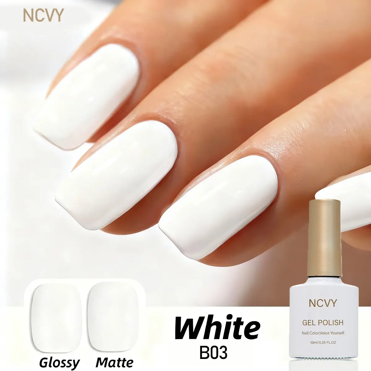 NCVY White Gel Nail Polish, 10ml/0.35oz, Glossy, Smooth, long-lasting formula with LED curing, salon quality, for DIY Manicure at home, ideal gift for Valentine's Day, Gentle, safe formula free of HEMA, Durable
