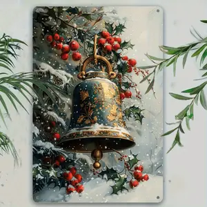 2D Flat, Vintage Christmas Metal Wall Decor with Large Bell, Holly & Mistletoe - Heavy-Duty Tin Snowflake Ornament in Golden, Red, Green, Blue, White - Large Farmhouse Decoration for Home, Office, Cafe, Bar, Garden