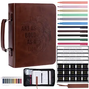 XKDOUS Waterproof Bible Case for Men with Handle, 24PCS Study Essentials, Large Leather Bible Cover, Masculine Book Protector with Marker Set and Tabs