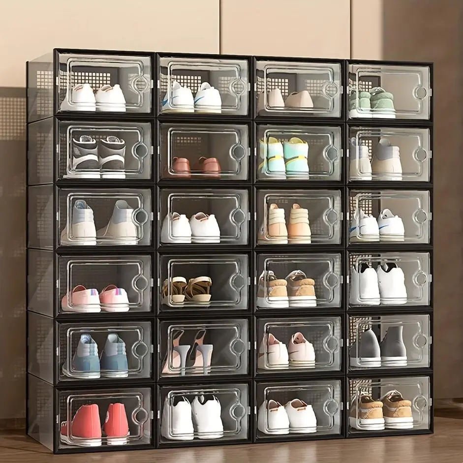 Thickened transparent dustproof ventilation deodorizing shoe box plastic basketball shoe box storage artifact foldable shoe box flip type Shoe Organizer Shoe Organizer System