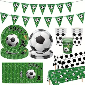 123 Pcs Soccer Themed Party Supplies Set, Disposable Football Tableware with Plates, Cups, Napkins, Tablecloth & Pennant Banner, Goal Themed Decor for Kids Birthday, Game Night, Sports Celebration