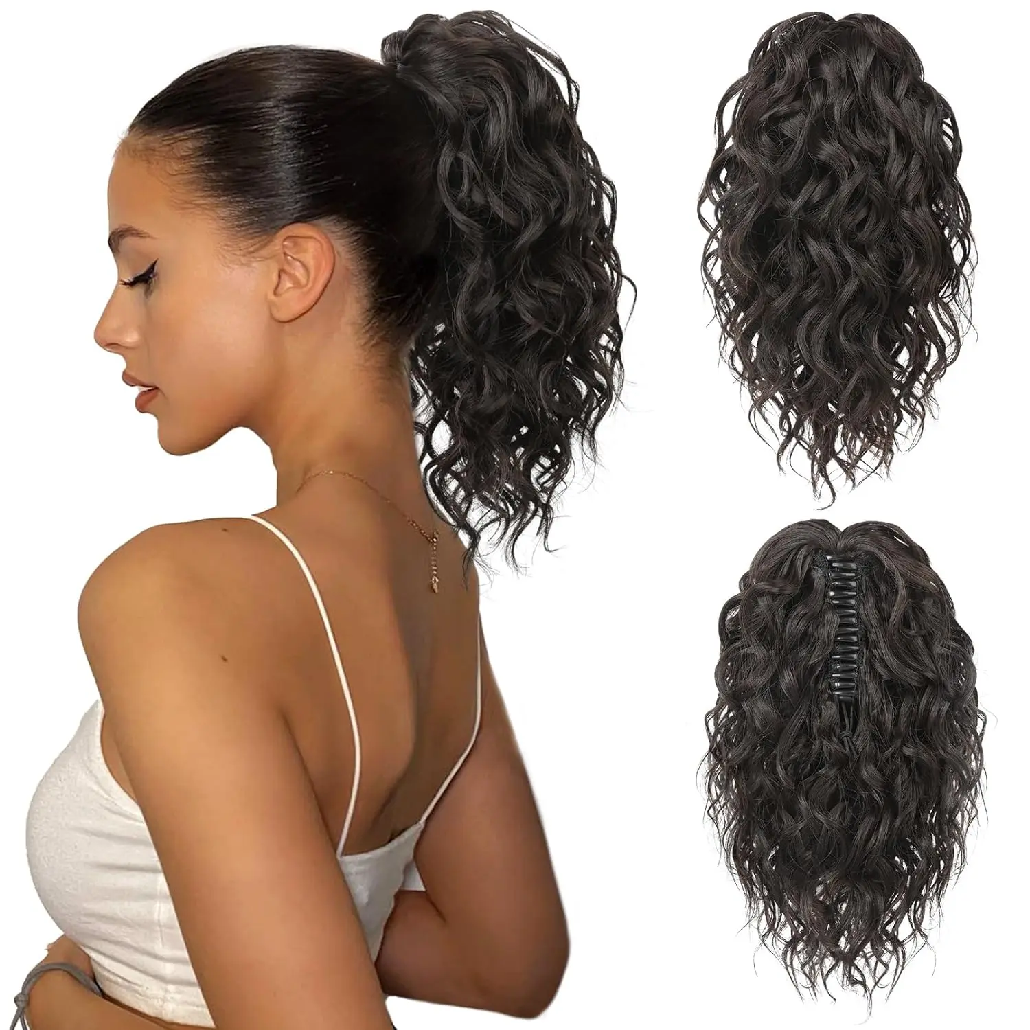 TwiceBeauty 14 Inch Blonde Highlight Ponytail Extension, Wavy Synthetic Hairpiece with Claw Clip, Thick Curly Hair Extensions for Women, 150g, Synthetic Hair Extensions