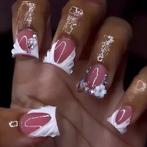 Duck Press on Nails Medium Duck Nails Press on Cute White Flower Fake Nails with Rhinestone Designs French Tip False Nails 3D Stripe Full Cover Stick on Manicure Kit for Women 10PCS