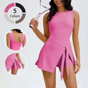 Women Sleeveless High Neck Workout Romper Built in Shorts Golf Athletic Dress Tennis Dress solid color 2-in-1 tie backless