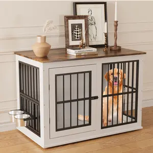 Garvee 40" Heavy Duty Wooden Dog Crate Furniture with Liftable Top, Indestructible Escape-Proof Kennel for High Anxiety Large Medium Dogs, Modern End Table & TV Stand Pet Cage, Sturdy Indoor Dog House with Double Doors, Easy Clean, White
