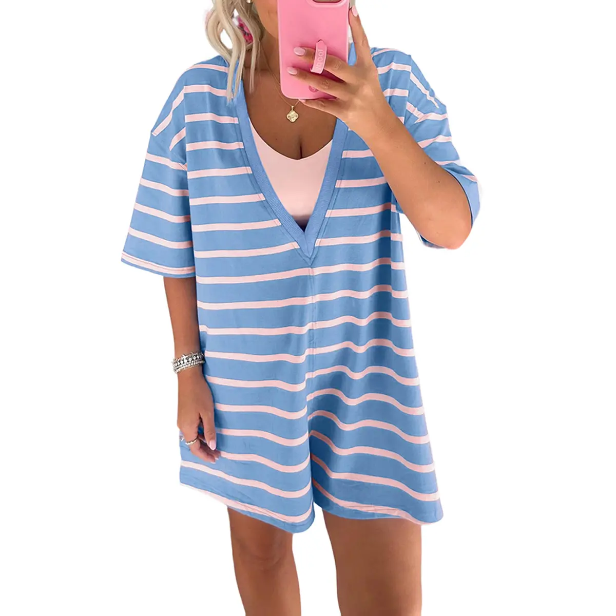 Mntaor Women's Striped V-Neck Romper - Short Sleeve, Flowy Loose Fit,  Womenswear Jumpsuits for Beach Days, Brunch Dates
