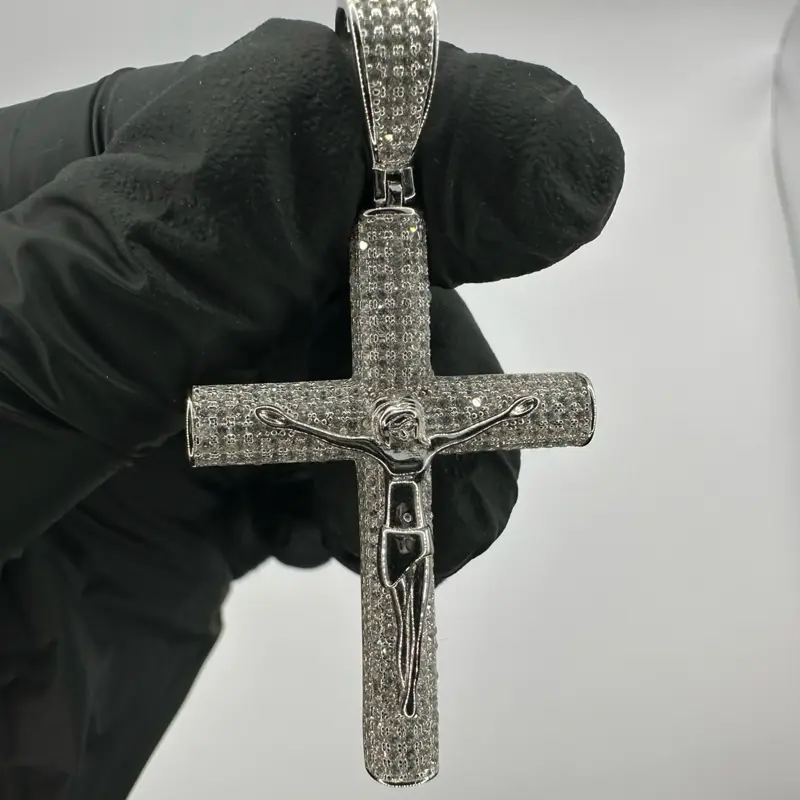 925 Sterling Silver Iced Crucifix Pendant, 7.6g, 45.58x30.80mm, Premium Religious Jewelry