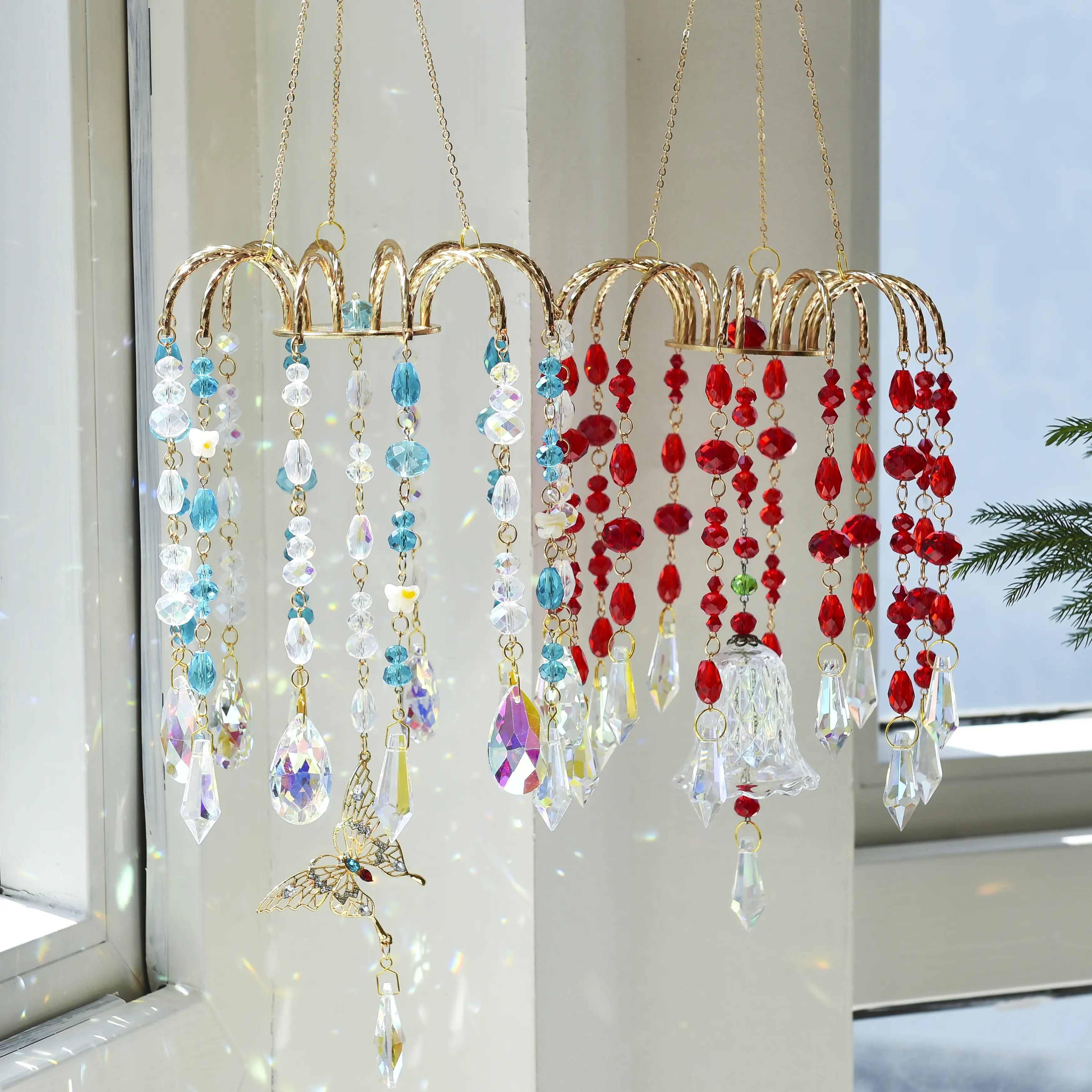 Whimsical Hanging Crystal Sun Catcher Window Decor, Beaded Prism Rainbow Chandelier Ornament with Light, Whimsical Home Decor for Window View, Mother's Day-Anniversary Gift