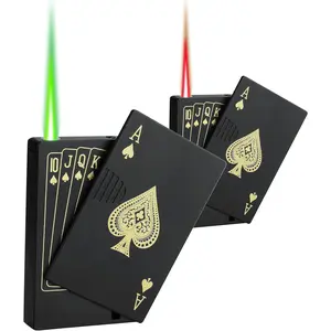 Jet Torch Lighter 2 Pack, Green and Red Flame Ace Card Lighter with Cool Poker Design, Windproof Refillable Butane Lighter Without Gas for Outdoor, Indoor, Camping, BBQ, Candles, Birthday Gifts and Everyday Use