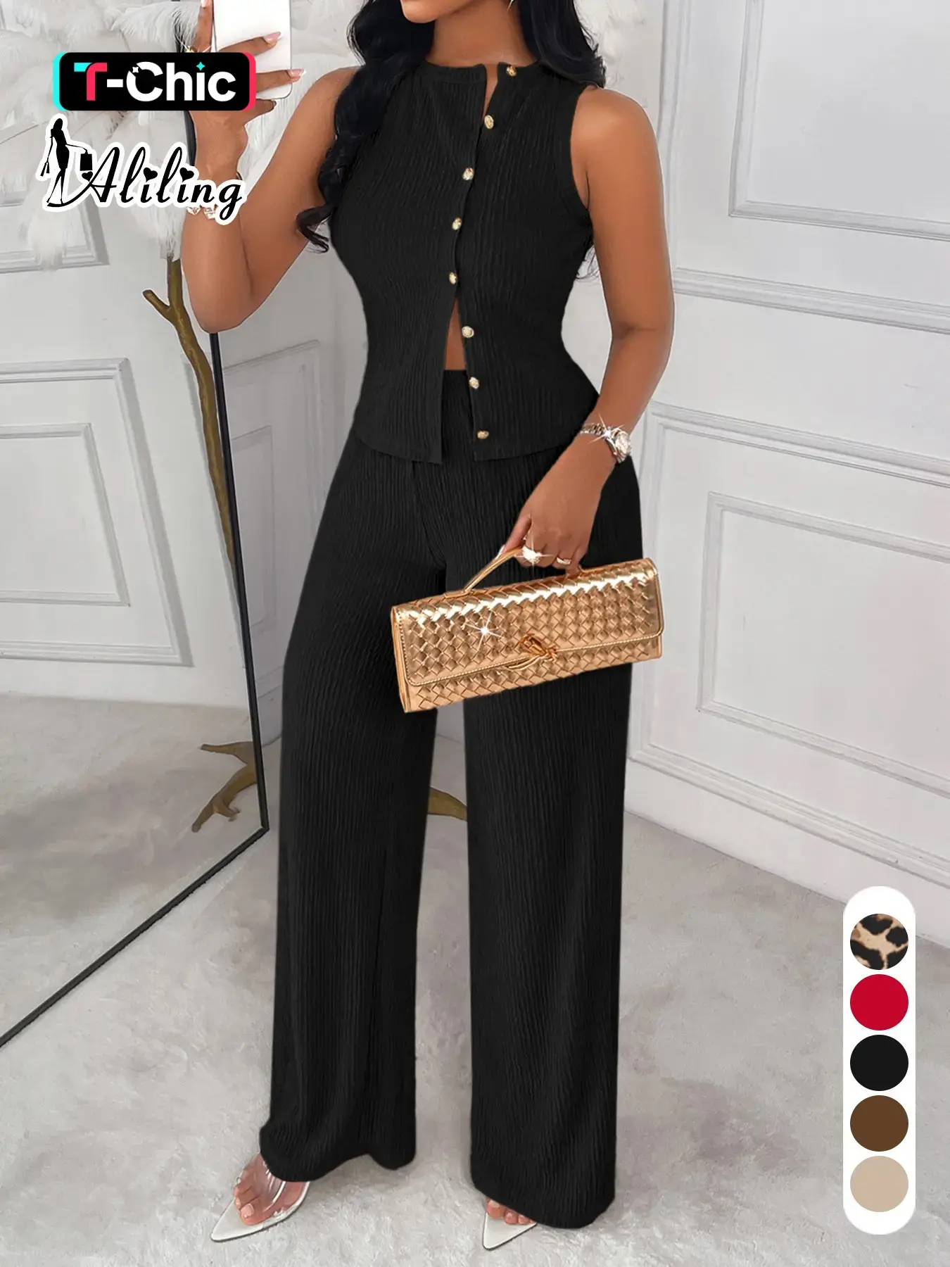 Women's Casual Minimalist Round Neck Studs Sleeveless Top and High Waist Wide-Leg Pants Two-Piece Set for Spring and Summer, Plain Outfit, Suits, Womenswear, Clothes
