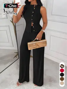 Women's Casual Minimalist Round Neck Studs Sleeveless Top and High Waist Wide-Leg Pants Two-Piece Set for Spring and Summer, Plain Outfit, Suits, Womenswear, Clothes