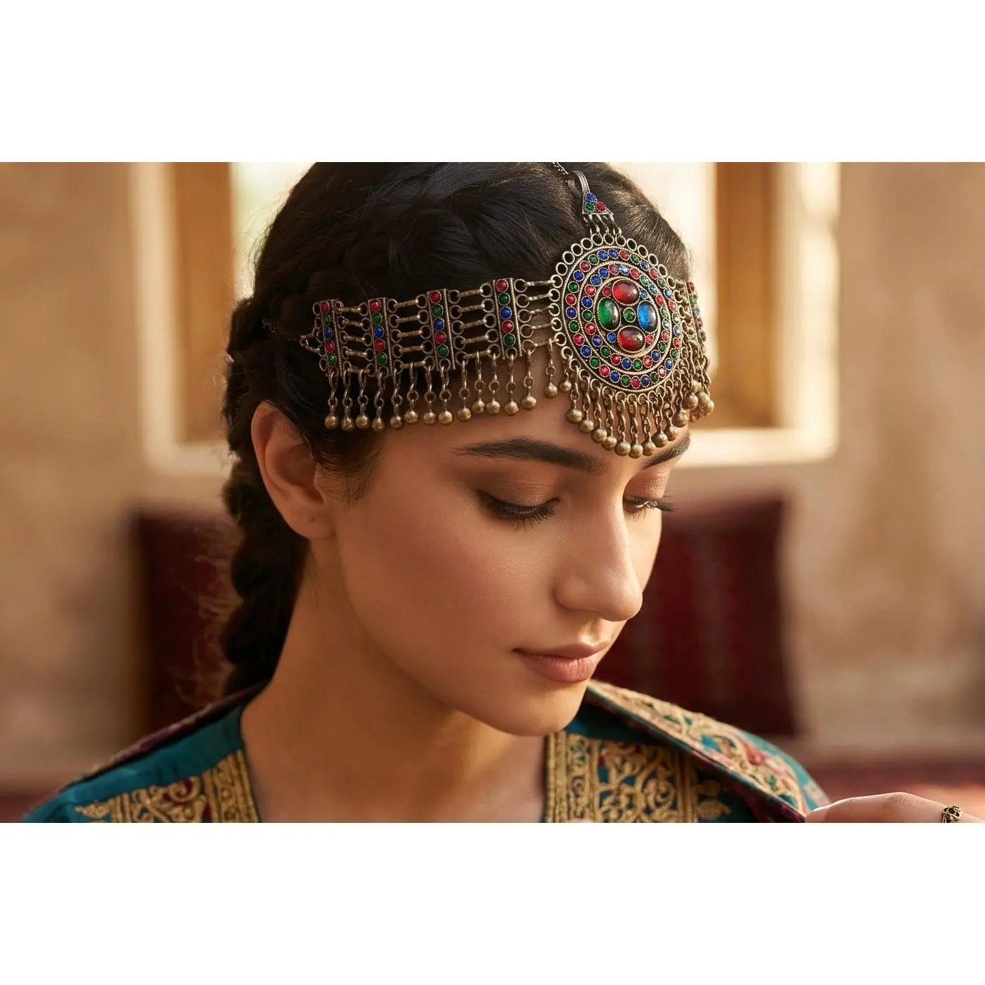 Traditional Afghan Kuchi Gold-Tone Headpiece for Women – Vintage Tribal with Colorful Stone Accents | Boho Bridal & Festival Forehead Jewelry 014