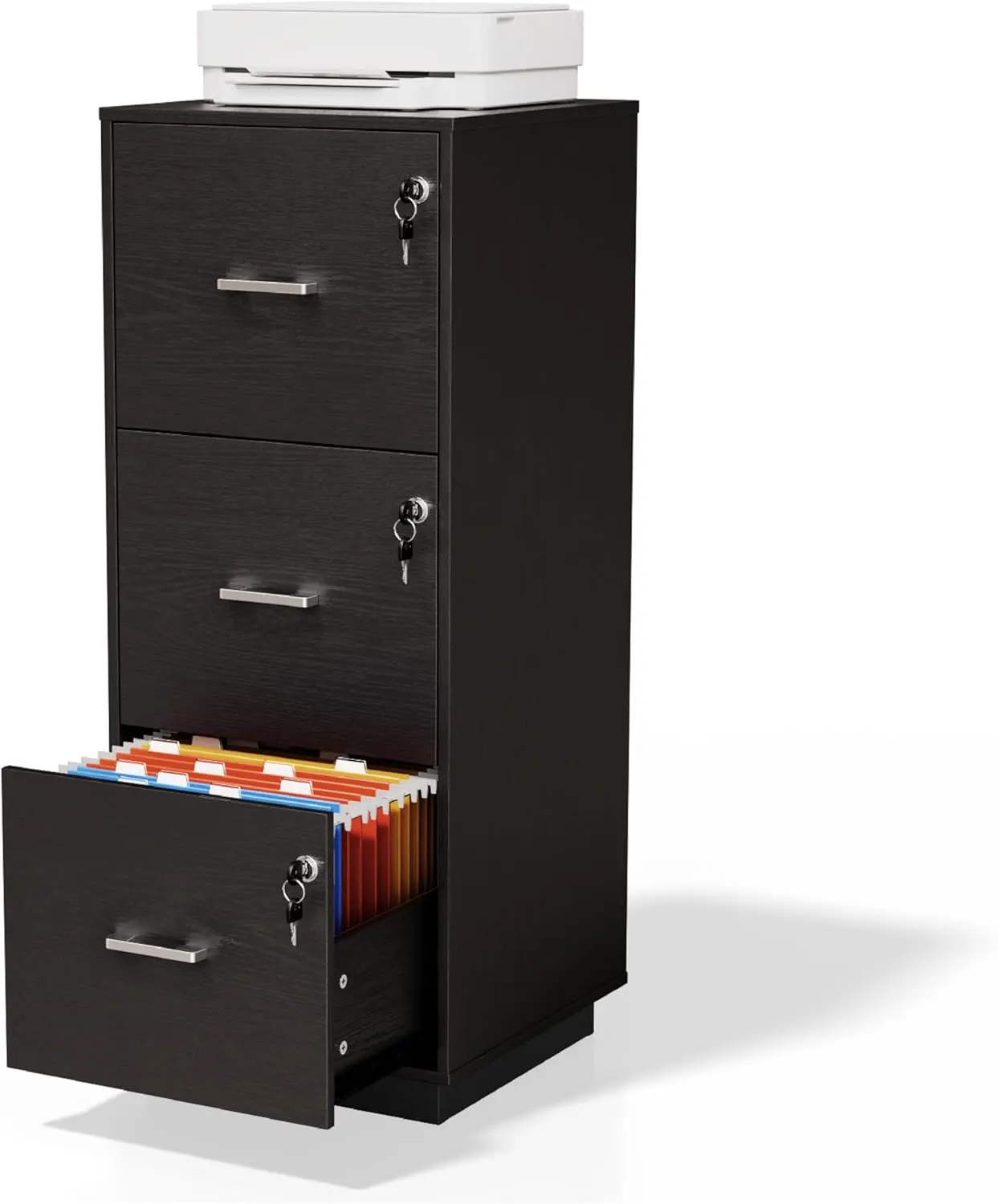 Karlhome Wood Finish Rectangular 3-Drawer Locking Filing Cabinet, Pre-Assembled Home Office Printer Stand, Letter Size File Folder Organizer for Students (Black)