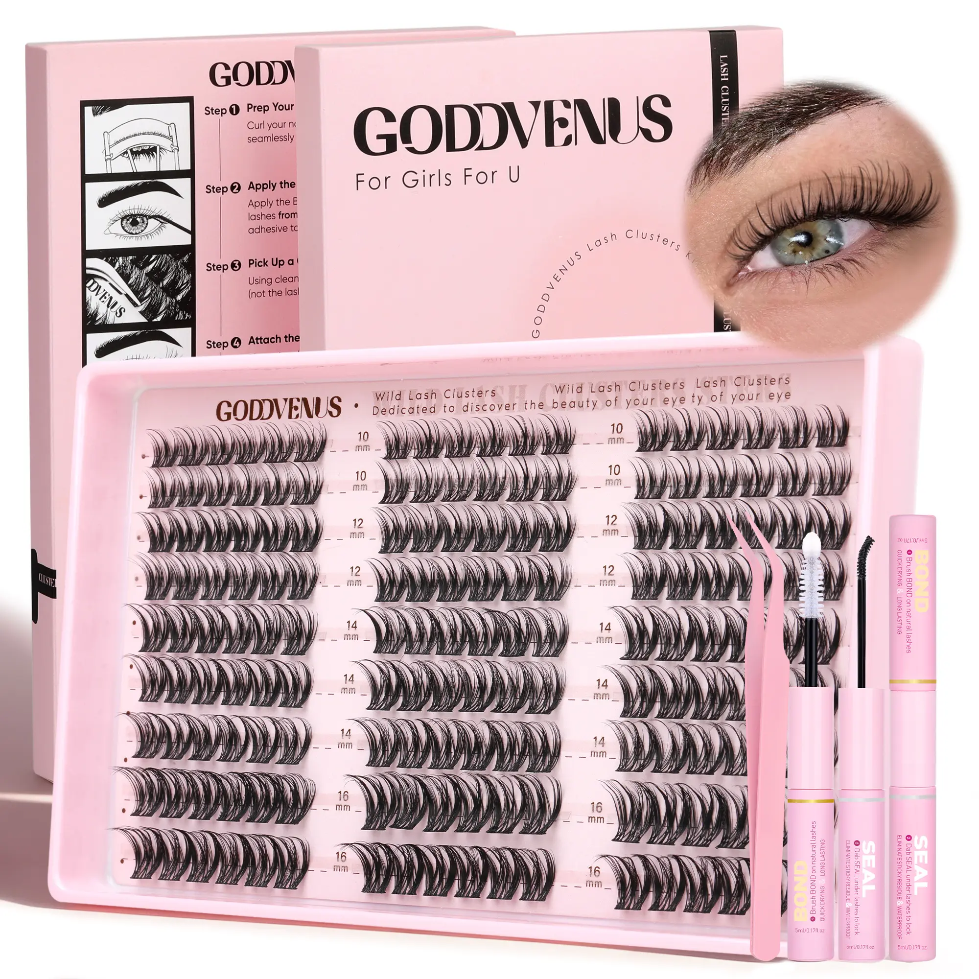 Goddvenus Pluush lash Clusters Natural D Curl Lash Clusters Wispy Cluster Eyelash Extensions, DIY Lash Extension at Home for Natural Look