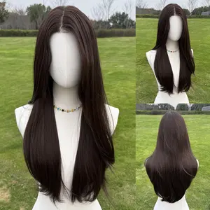 SMILCO 26lnch Luxury Black Low Density Pre-Cut Pre Plucked 13*6 Lace Front Free Part Futura Layer Cutted Long Straight Synthetic Wig SM9709