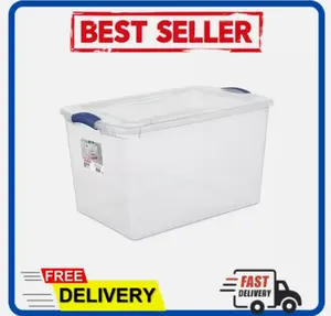 Stackable Plastic Tote Box Storage Containers Bin 66 Quart, Blue Latches