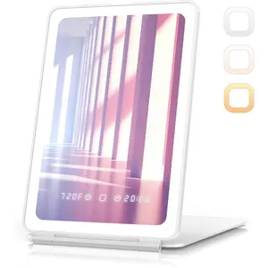 Travel Makeup Mirror with Time & Temperature Display, 2000mAh Rechargeable , 7.5" Portable Foldable Lighted Mirror with 148 Led Lights, 3 Color Lighting Modes,  Dimming