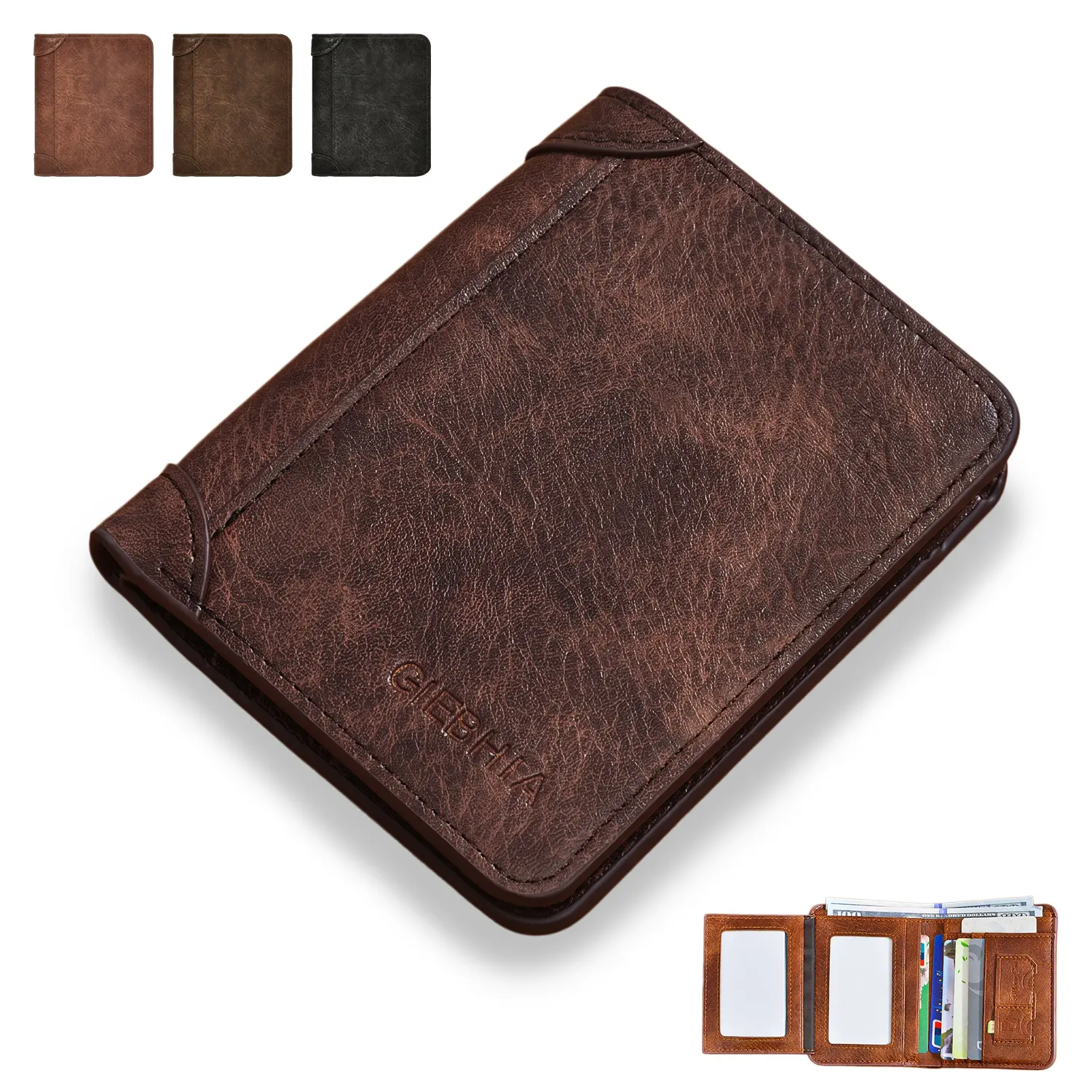 Leather Trifold RFID Wallet For Men,Minimalist Small Compact Front Pocket Credit Card Holder,Multi Slot ID Holder With Driver License Compartment For Work Travel