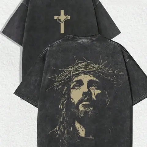 Jesus Crown of Thorns Double-Sided Washed Black Christian T-Shirt - Oversized Faith Tee.Double-Sided Print Jesus & Cross Washed Black T-Shirt - Christian Cotton Streetwear