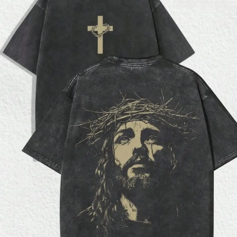 Jesus Crown of Thorns Double-Sided Washed Black Christian T-Shirt - Oversized Faith Tee.Double-Sided Print Jesus & Cross Washed Black T-Shirt - Christian Cotton Streetwear