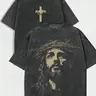 Jesus Crown of Thorns Double-Sided Washed Black Christian T-Shirt - Oversized Faith Tee.Double-Sided Print Jesus & Cross Washed Black T-Shirt - Christian Cotton Streetwear
