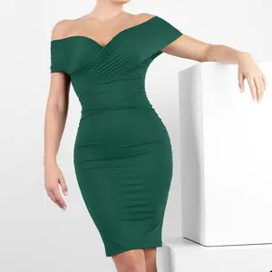 Popilush Off-Shoulder Ruched Shapewear Midi Dress Chic Elegant