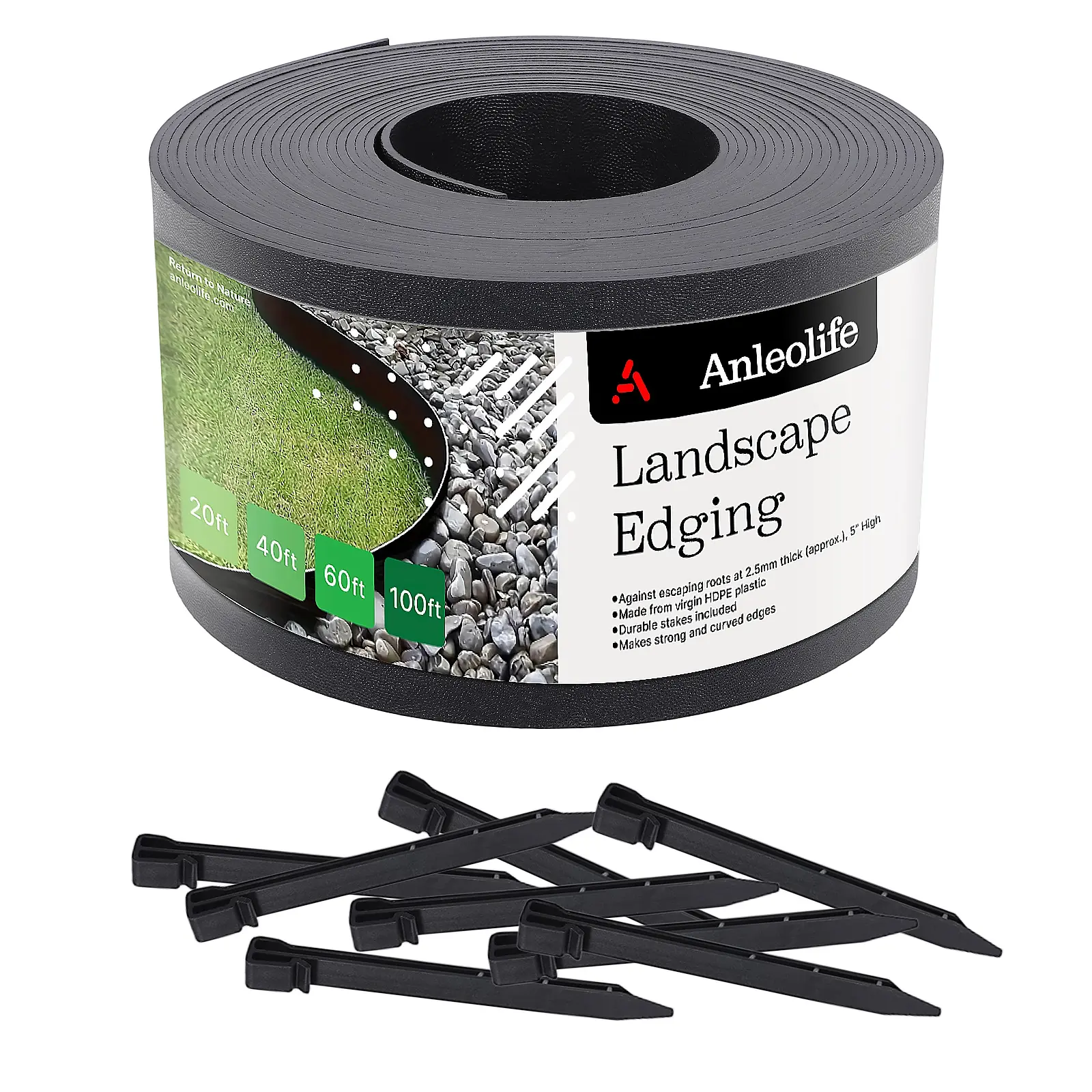 ANLEOLIFE Landscape Edging Roll, 5 in Tall, 2.5 mm Thick Flexible Black HDPE Garden and Lawn Border, Grass Root Barrier for Flower Beds and Tree Rings