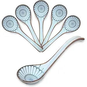 6PCS Asian Ceramic Soup Spoons, with Long Handle and Deep Bottom, for Ramen, Wonton, Dumpling, Noodle