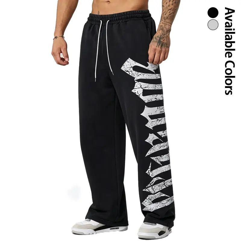 Men’s Gothic letter print wide-leg sweatpants made of polyester fiber, featuring an elastic drawstring waistband and a relaxed drop street-style casual jogger fit with cuffs; suitable for sports and everyday wear.