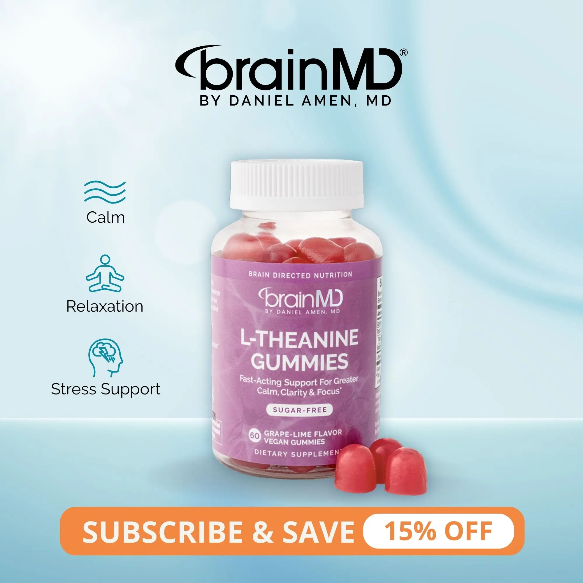 L-Theanine Gummies | BrainMD | 60 Gummies | Stress & Anxiousness Relief | Calm Focus & Restful Sleep Support | L-Theanine